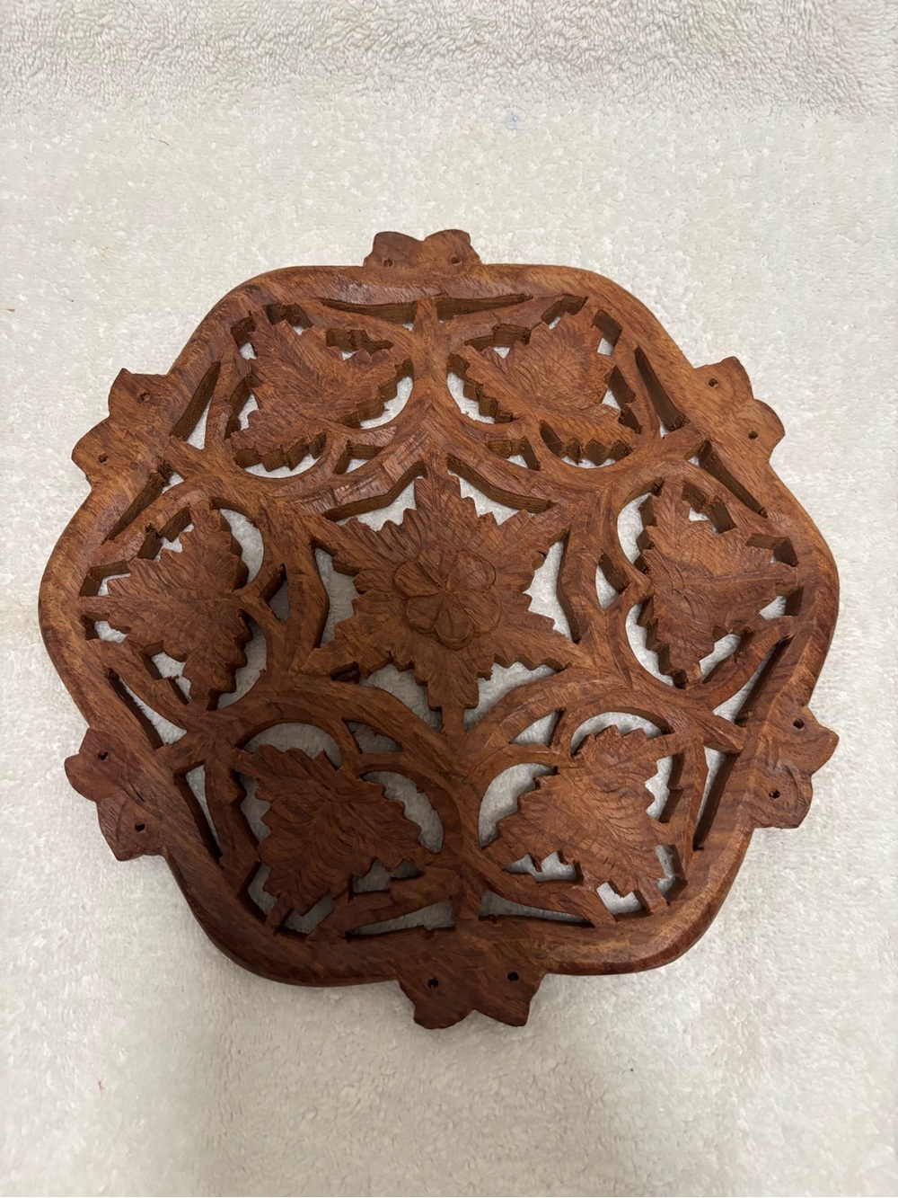 Hand-Carved Floral Wood Trivet - Warm Brown